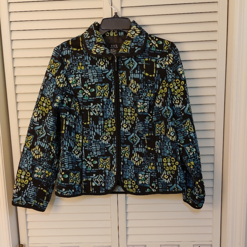 Rafaella Black Quilted Teddy Jacket with Blue & Lime Floral Print